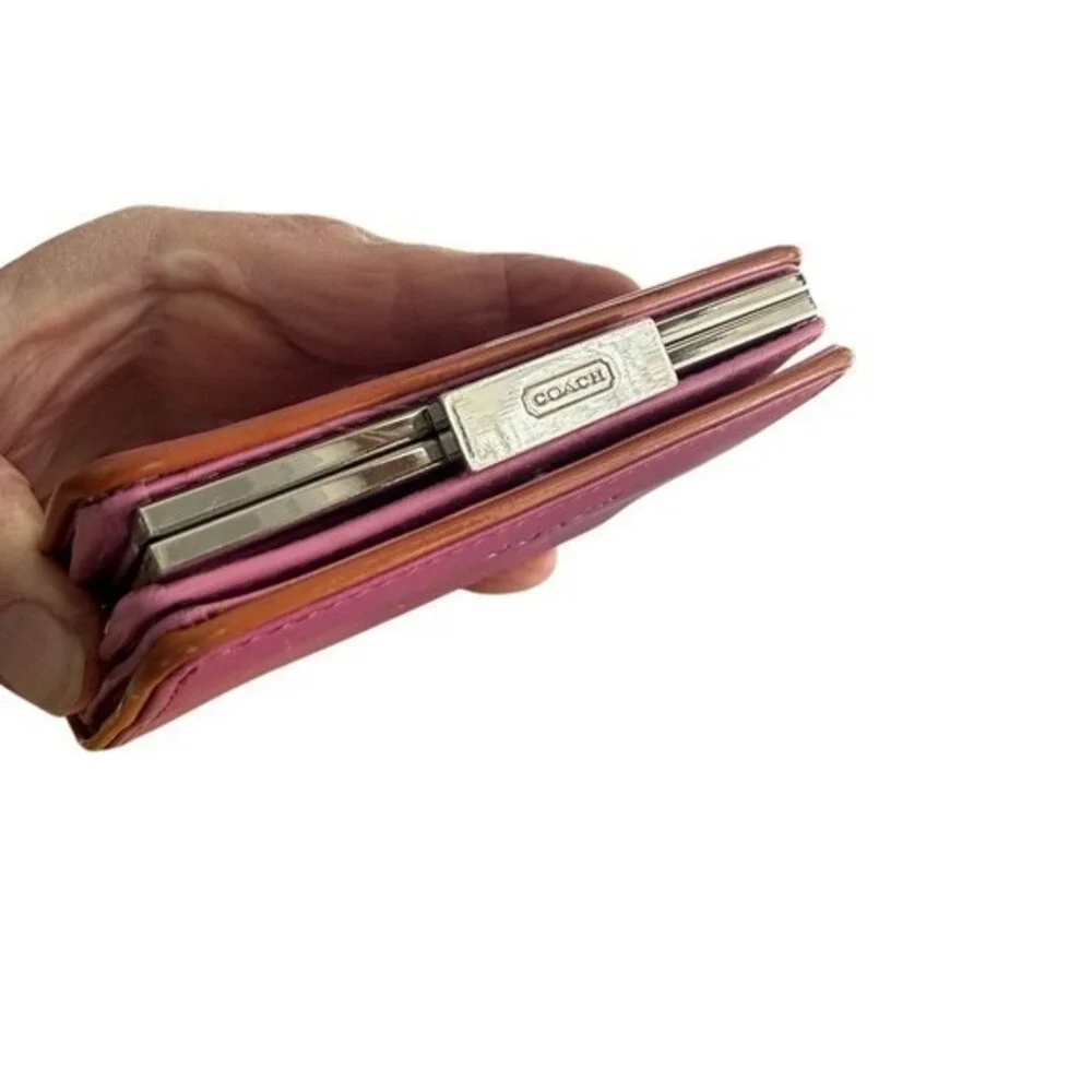 Coach Pink Leather Kisslock Bifold Wallet with Tan Trim‎ and Silver Hardware